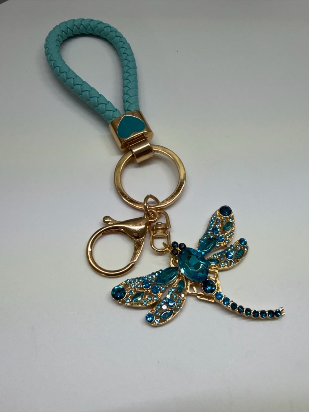 Turquoise Braided Wristlet Keychain with Gold Dragonfly Charm